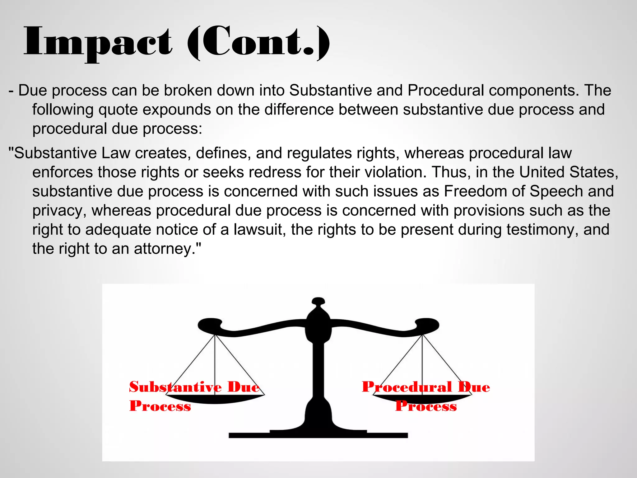 Impact (Cont.)
- Due process can be broken down into Substantive and Procedural components. The
   following quote expounds on the difference between substantive due process and
   procedural due process:
"Substantive Law creates, defines, and regulates rights, whereas procedural law
   enforces those rights or seeks redress for their violation. Thus, in the United States,
   substantive due process is concerned with such issues as Freedom of Speech and
   privacy, whereas procedural due process is concerned with provisions such as the
   right to adequate notice of a lawsuit, the rights to be present during testimony, and
   the right to an attorney."




                 Substantive Due                    Procedural Due
                 Process                               Process
 