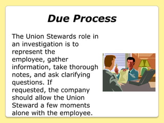 Due Process
The Union Stewards role in
an investigation is to
represent the
employee, gather
information, take thorough
notes, and ask clarifying
questions. If
requested, the company
should allow the Union
Steward a few moments
alone with the employee.
 