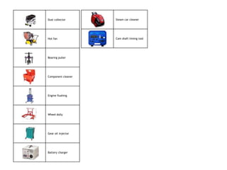 Dust collector      Steam car cleaner




Hot fan             Cam shaft timing tool




Bearing puller




Component cleaner




Engine flushing




Wheel dolly




Gear oil injector




Battery charger
 