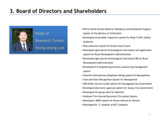 3. Board of Directors and Shareholders
직원 이력

                            • PM for North Korean Defector Residence and Settlement Support

         Head of             System of the Ministry of Unification
                            • Developed automobile inspection system for Road Traffic Safety
         Research Center     Authority
                            • Ship clearance system for Korea Coast Guard
         Yeong seung Lee    • Developed agricultural technological information and application
                             system for Rural Development Administration
                            • Developed agricultural technological information DB for Rural
                             Development Administration
                            • Developed H.E Engineering network outsourcing management
                             system
                            • Internet international telephone billing system for Moneyphone
                            • Text and Voice Recognition System for Moneyphone
                            • ARS Public Service Guide System for Gwangyang City Government
                            • Developed electronic approval system for Jeonju City Government
                            • Developed the group ware for Opennet
                            • Hankook Tire Internal Document Circulation System
                            • Developed MRP2 system for Korea Johnson & Johnson
                            • Developed Dr. C compiler at BIT Computer



                                                                                              11
 