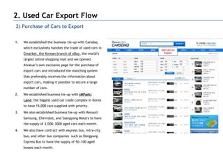 2. Used Car Export Flow
2) Purchase of Cars to Export


1.   We established the business tie-up with Carsdaq
     which exclusively handles the trade of used cars in
                                                           Sell Cars to
     Gmarket, the Korean branch of eBay, the world‟s         Export

     largest online shopping mall and we opened
     Atvalue‟s own exclusive page for the purchase of
     export cars and introduced the matching system
     that preferably receives the information about
     export cars, making it possible to secure a large
     number of cars.
2.   We established business tie-up with (MPark)
     Land, the biggest used car trade complex in Korea
     to have 15,000 cars supplied with priority.
3.   We also established business tie-up with Renault
     Samsung, Chevrolet, and Ssangyong Motors to have
     the supply of 2,000~3000 aged cars each month.
4.   We also have contract with express bus, intra-city
     bus, and other bus companies such as Dongyang
     Express Bus to have the supply of 50~100 aged
     busses each month.
 
