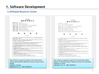 1. Software Development
1) Affiliated Research Center




  Title of Patent: Applied for patent for the Transmission   Title of Patent: Applied for patent for the Automatic Calling
  Holding Advertisement Method for Smart Devices and Its     Method for Wireless Mobile Telephone Device and Its System
  System                                                     Applicant: ATvalue
  Applicant: ATvalue                                         Application No.: 9 – 1999 -000503-9
  Application No.: 9 – 1999 -000503-9

                                                                                                                             58
 