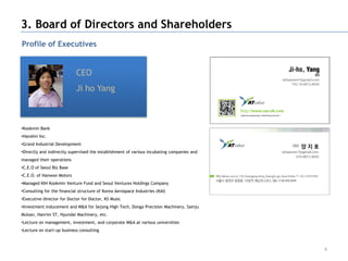 3. Board of Directors and Shareholders
Profile of Executives


                            CEO
                            Ji ho Yang



•Kookmin Bank
•Hanshin Inc.
•Grand Industrial Development
•Directly and indirectly supervised the establishment of various incubating companies and
managed their operations
•C.E.O of Seoul Biz Base
•C.E.O. of Hanwon Motors
•Managed KIH Kookmin Venture Fund and Seoul Ventures Holdings Company
•Consulting for the financial structure of Korea Aerospace Industries (KAI)
•Executive director for Doctor for Doctor, KS Music
•Investment inducement and M&A for Sejong High Tech, Donga Precision Machinery, Samju
Mulsan, Hanrim ST, Hyundai Machinery, etc.
•Lecture on management, investment, and corporate M&A at various universities
•Lecture on start-up business consulting



                                                                                            6
 