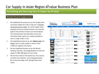 Car Supply in Asian Region ATvalue Business Plan
Purchasing and Securing Cars to Export by ATvalue

Business-Tie up for Supply of Cars


1.   We established the business tie-up with Carsdaq which     Sell Cars to
                                                                 Export
     exclusively handles the trade of used cars in Gmarket,
     the Korean branch of eBay, the world‟s largest online
     shopping mall and we opened Atvalue‟s own exclusive
     page for the purchase of export cars and introduced
     the matching system that preferably receives the
     information about export cars, making it possible to
     secure a large number of cars.
2.   We established business tie-up with (MPark) Land, the
     biggest used car trade complex in Korea to have
     15,000 cars supplied with priority.
3.   We also established business tie-up with Renault
     Samsung, Chevrolet, and Ssangyong Motors to have the
     supply of 2,000~3000 aged cars each month.
4.   We also have contract with express bus, intra-city bus,
     and other bus companies such as Dongyang Express
     Bus to have the supply of 50~100 aged busses each
     month.
 
