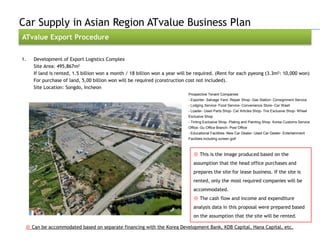 Car Supply in Asian Region ATvalue Business Plan
ATvalue Export Procedure


1.   Development of Export Logistics Complex
     Site Area: 495,867m2
     If land is rented, 1.5 billion won a month / 18 billion won a year will be required. (Rent for each pyeong (3.3m2: 10,000 won)
     For purchase of land, 5,00 billion won will be required (construction cost not included).
     Site Location: Songdo, Incheon
                                                                           Prospective Tenant Companies
                                                                           - Exporter- Salvage Yard- Repair Shop- Gas Station- Consignment Service
                                                                           - Lodging Service- Food Service- Convenience Store- Car Wash
                                                                           - Loader- Used Parts Shop- Car Articles Shop- Tire Exclusive Shop- Wheel
                                                                           Exclusive Shop
                                                                           - Tinting Exclusive Shop- Plating and Painting Shop- Korea Customs Service
                                                                           Office- Gu Office Branch- Post Office
                                                                           - Educational Facilities- New Car Dealer- Used Car Dealer- Entertainment
                                                                           Facilities including screen golf



                                                                              ※ This is the image produced based on the
                                                                              assumption that the head office purchases and
                                                                              prepares the site for lease business. If the site is
                                                                              rented, only the most required companies will be
                                                                              accommodated.
                                                                              ※ The cash flow and income and expenditure
                                                                              analysis data in this proposal were prepared based
                                                                              on the assumption that the site will be rented.

 ※ Can be accommodated based on separate financing with the Korea Development Bank, KDB Capital, Hana Capital, etc.
 