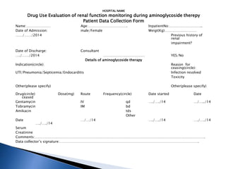 HOSPITAL NAME
Drug Use Evaluation of renal function monitoring during aminoglycoside therepy
Patient Data Collection Form
Name:………………… Age:……………………………. InpatientNo:………………………..
Date of Admission: male/Female Weigt(Kg):………………………
……/……/2014 Previous history of
renal
impairment?
Date of Discharge: Consultant
…./……/2014 ……………………………… YES/No
Details of aminoglycoside therapy
Indication(circle): Reason for
ceasing(circle):
UTI/Pneumonia/Septicemia/Endocarditis Infection resolved
Toxicity
Other(please specify) Other(please specify)
Drug(circle) Dose(mg) Route Frequency(circle) Date started Date
ceased
Gentamycin IV qd …./…./14 …/…../14
Tobramycin IM bd
Amikacin tds
Other
Date …/…/14 …./…./14 …./…./14
…./…./14
Serum
Creatinine
Comments:………………………………………………………………………………………………………………………………….
Data collector’s signature:………………………………………………………………………………………………………….
 