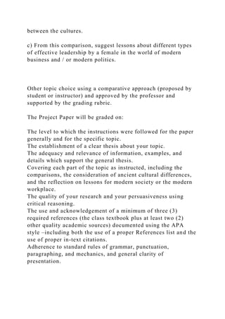 between the cultures.
c) From this comparison, suggest lessons about different types
of effective leadership by a female in the world of modern
business and / or modern politics.
Other topic choice using a comparative approach (proposed by
student or instructor) and approved by the professor and
supported by the grading rubric.
The Project Paper will be graded on:
The level to which the instructions were followed for the paper
generally and for the specific topic.
The establishment of a clear thesis about your topic.
The adequacy and relevance of information, examples, and
details which support the general thesis.
Covering each part of the topic as instructed, including the
comparisons, the consideration of ancient cultural differences,
and the reflection on lessons for modern society or the modern
workplace.
The quality of your research and your persuasiveness using
critical reasoning.
The use and acknowledgement of a minimum of three (3)
required references (the class textbook plus at least two (2)
other quality academic sources) documented using the APA
style –including both the use of a proper References list and the
use of proper in-text citations.
Adherence to standard rules of grammar, punctuation,
paragraphing, and mechanics, and general clarity of
presentation.
 