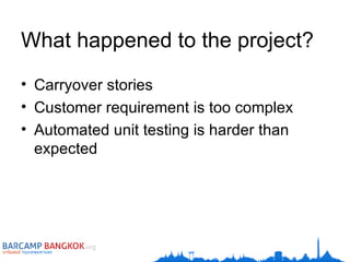 What happened to the project? Carryover stories Customer requirement is too complex Automated unit testing is harder than expected 