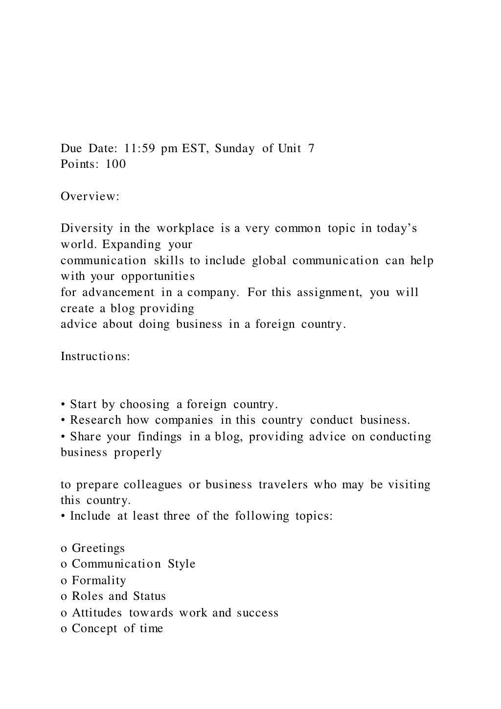Due Date 1159 pm EST, Sunday of Unit 7 Points 100 PDF