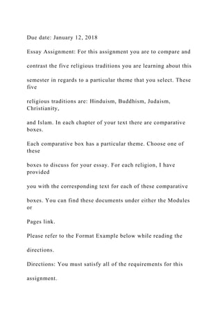 Due date: January 12, 2018
Essay Assignment: For this assignment you are to compare and
contrast the five religious traditions you are learning about this
semester in regards to a particular theme that you select. These
five
religious traditions are: Hinduism, Buddhism, Judaism,
Christianity,
and Islam. In each chapter of your text there are comparative
boxes.
Each comparative box has a particular theme. Choose one of
these
boxes to discuss for your essay. For each religion, I have
provided
you with the corresponding text for each of these comparative
boxes. You can find these documents under either the Modules
or
Pages link.
Please refer to the Format Example below while reading the
directions.
Directions: You must satisfy all of the requirements for this
assignment.
 