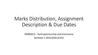 Marks Distribution, Assignment
Description & Due Dates
MMB3013 – Technopreneurship and eCommerce
Semester 1 2015/2016 (A151)
 