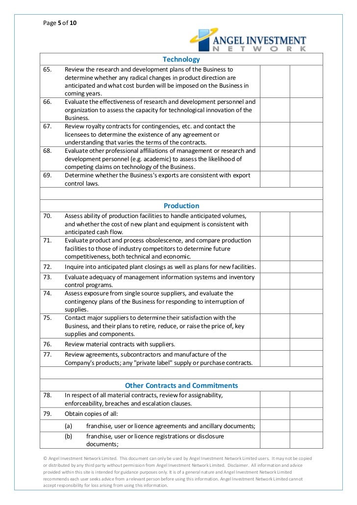 due diligence check list