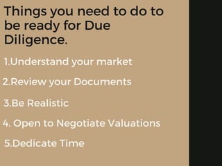 Things you need to do to
be ready for Due
Diligence.
1.Understand your market
2.Review your Documents
3.Be Realistic
4. Open to Negotiate Valuations
5.Dedicate Time
 