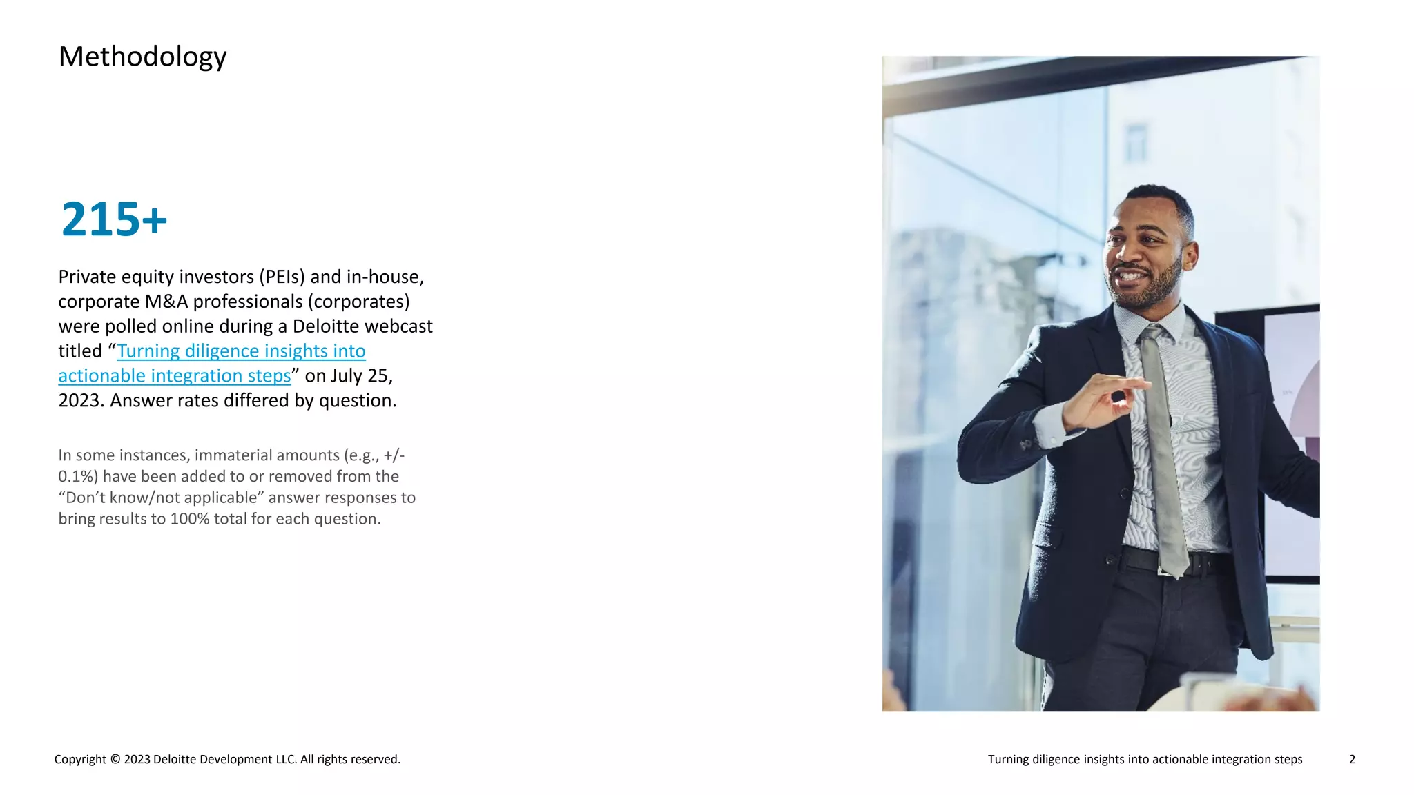 Turning diligence insights into actionable integration steps
Copyright © 2023 Deloitte Development LLC. All rights reserved. 2
Methodology
215+
Private equity investors (PEIs) and in-house,
corporate M&A professionals (corporates)
were polled online during a Deloitte webcast
titled “Turning diligence insights into
actionable integration steps” on July 25,
2023. Answer rates differed by question.
In some instances, immaterial amounts (e.g., +/-
0.1%) have been added to or removed from the
“Don’t know/not applicable” answer responses to
bring results to 100% total for each question.
 