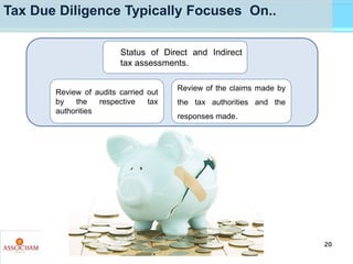 Tax Due Diligence Typically Focuses On..
Status of Direct and Indirect
tax assessments.
Review of audits carried out
by th...