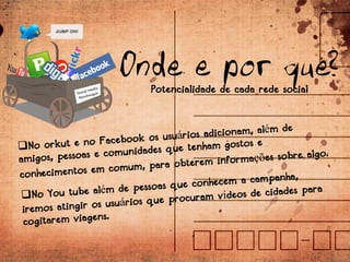 Onde e por que?
  Potencialidade de cada rede social
 