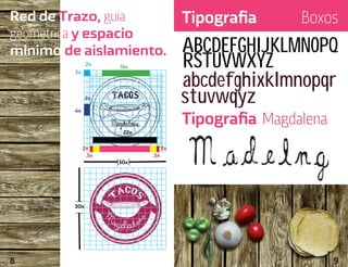 Red de Trazo, guia 
geometrica y espacio 
minimo de aislamiento. 
2x 
2x 
16x 
22x 
2x 2x 
.5x 
.5x 
4x 
2x 
30x 
30x 
Tipografia Boxos 
ABCDEFGHIJKLMNOPQ 
RSTUVWXYZ 
abcdefghixklmnopqr 
stuvwqyz 
Tipografia Magdalena 
8 9 
 