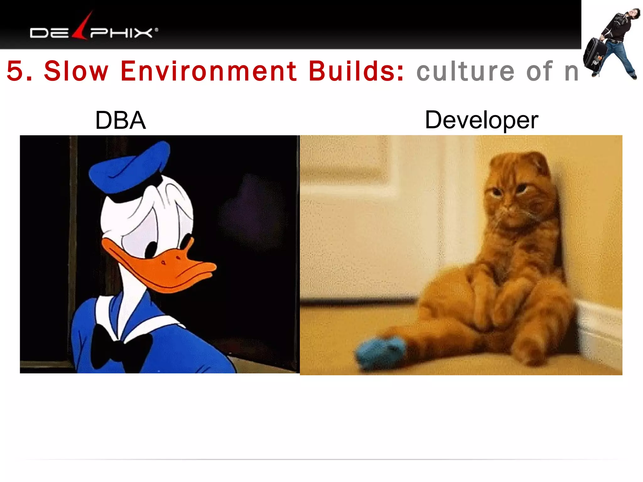 5. Slow Environment Builds: culture of no
DBA

Developer

 