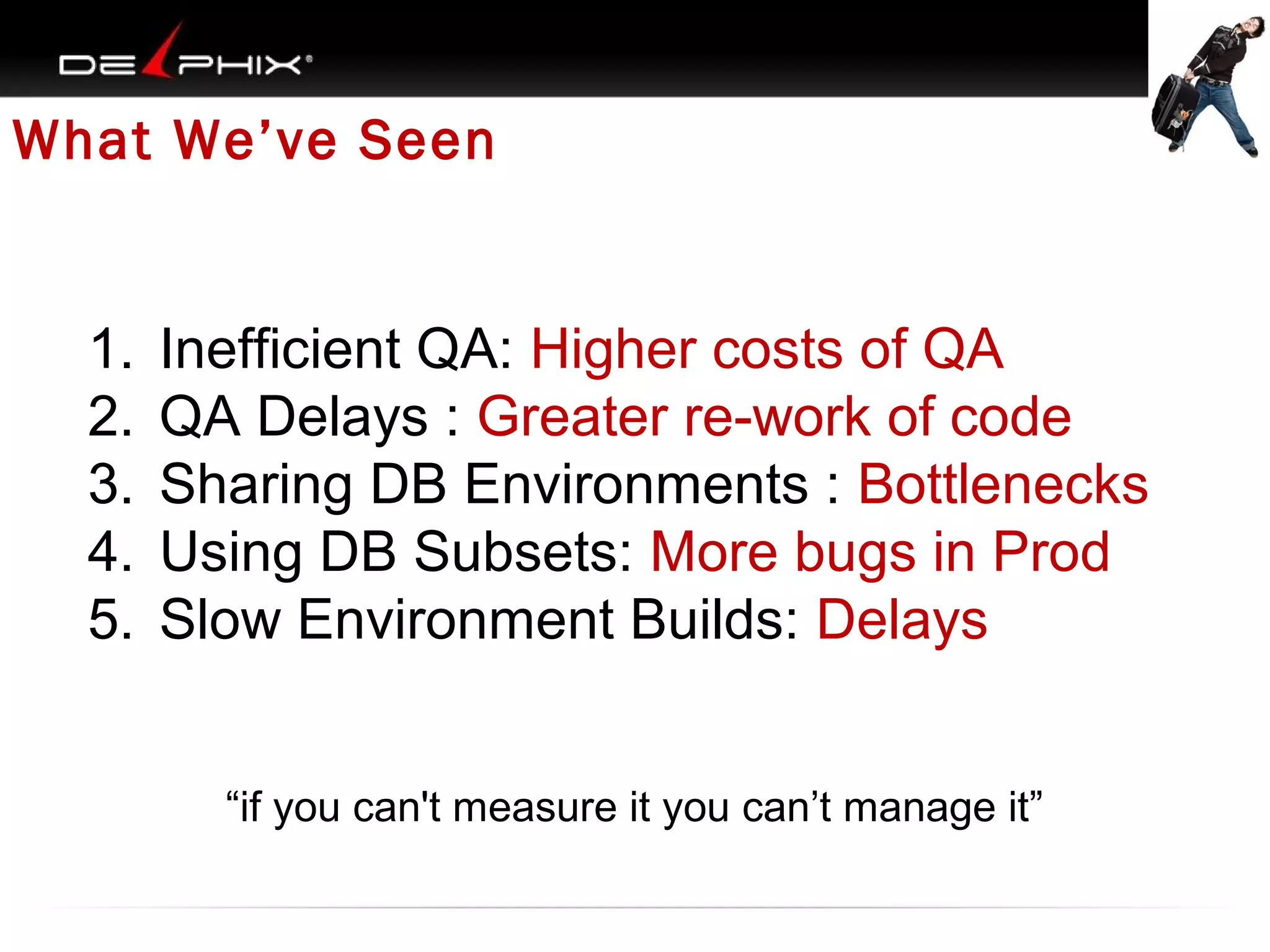 What We’ve Seen

1.
2.
3.
4.
5.

Inefficient QA: Higher costs of QA
QA Delays : Greater re-work of code
Sharing DB Environments : Bottlenecks
Using DB Subsets: More bugs in Prod
Slow Environment Builds: Delays
“if you can't measure it you can’t manage it”

 