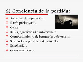 2) Conciencia de la perdida: Ansiedad de separación. Estrés prolongado. Culpa. Rabia, agresividad e intolerancia. Comportamiento de búsqueda o de espera.  Sintiendo la presencia del muerto. Ensoñación.  Otras reacciones.  