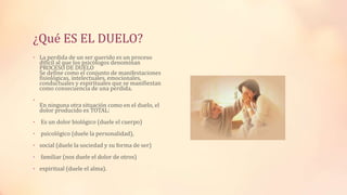 ¿Qué ES EL DUELO?
• La perdida de un ser querido es un proceso
difícil al que los psicólogos denominan
PROCESO DE DUELO
Se define como el conjunto de manifestaciones
fisiológicas, intelectuales, emocionales,
conductuales y espirituales que se manifiestan
como consecuencia de una perdida.
•
En ninguna otra situación como en el duelo, el
dolor producido es TOTAL:
• Es un dolor biológico (duele el cuerpo)
• psicológico (duele la personalidad),
• social (duele la sociedad y su forma de ser)
• familiar (nos duele el dolor de otros)
• espiritual (duele el alma).
 