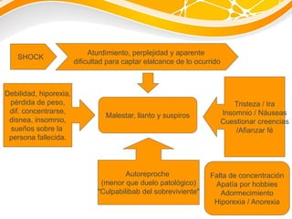 SHOCK
Aturdimiento, perplejidad y aparente
dificultad para captar elalcance de lo ocurrido
Malestar, llanto y suspiros
Debilidad, hiporexia,
pérdida de peso,
dif. concentrarse,
disnea, insomnio,
sueños sobre la
persona fallecida.
Autoreproche
(menor que duelo patológico)
"Culpabilibab del sobreviviente"
Tristeza / Ira
Insomnio / Náuseas
Cuestionar creencias
/Afianzar fé
Falta de concentración
Apatía por hobbies
Adormecimiento
Hiporexia / Anorexia
 