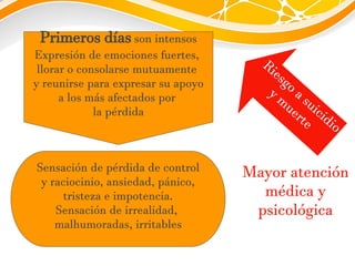 Primeros días son intensos
Expresión de emociones fuertes,
llorar o consolarse mutuamente
y reunirse para expresar su apoyo
a los más afectados por
la pérdida
Sensación de pérdida de control
y raciocinio, ansiedad, pánico,
tristeza e impotencia.
Sensación de irrealidad,
malhumoradas, irritables
Mayor atención
médica y
psicológica
 
