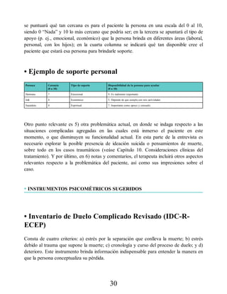 se puntuará qué tan cercana es para el paciente la persona en una escala del 0 al 10,
siendo 0 “Nada” y 10 lo más cercano que podría ser; en la tercera se apuntará el tipo de
apoyo (p. ej., emocional, económico) que la persona brinda en diferentes áreas (laboral,
personal, con los hijos); en la cuarta columna se indicará qué tan disponible cree el
paciente que estará esa persona para brindarle soporte.
• Ejemplo de soporte personal
Persona Cercanía
(0 a 10)
Tipo de soporte Disponibilidad de la persona para ayudar
(0 a 10)
Hermana 7 Emocional 9. Es realmente importante
Jefe 4 Económico 5. Depende de que cumpla con mis actividades
Sacerdote 4 Espiritual 7. Importante como apoyo y consuelo
Otro punto relevante es 5) otra problemática actual, en donde se indaga respecto a las
situaciones complicadas agregadas en las cuales está inmerso el paciente en este
momento, o que disminuyen su funcionalidad actual. En esta parte de la entrevista es
necesario explorar la posible presencia de ideación suicida o pensamientos de muerte,
sobre todo en los casos traumáticos (veáse Capítulo 10. Consideraciones clínicas del
tratamiento). Y por último, en 6) notas y comentarios, el terapeuta incluirá otros aspectos
relevantes respecto a la problemática del paciente, así como sus impresiones sobre el
caso.
• INSTRUMENTOS PSICOMÉTRICOS SUGERIDOS
• Inventario de Duelo Complicado Revisado (IDC-R-
ECEP)
Consta de cuatro criterios: a) estrés por la separación que conlleva la muerte; b) estrés
debido al trauma que supone la muerte; c) cronología y curso del proceso de duelo; y d)
deterioro. Este instrumento brinda información indispensable para entender la manera en
que la persona conceptualiza su pérdida.
30
 