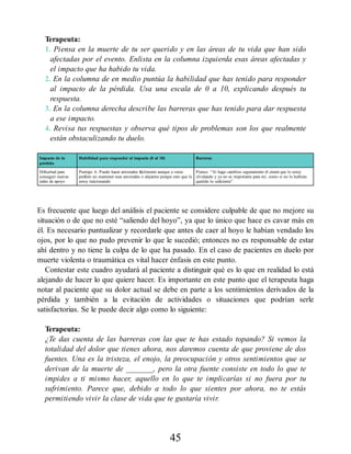 Terapeuta:
1. Piensa en la muerte de tu ser querido y en las áreas de tu vida que han sido
afectadas por el evento. Enlista en la columna izquierda esas áreas afectadas y
el impacto que ha habido tu vida.
2. En la columna de en medio puntúa la habilidad que has tenido para responder
al impacto de la pérdida. Usa una escala de 0 a 10, explicando después tu
respuesta.
3. En la columna derecha describe las barreras que has tenido para dar respuesta
a ese impacto.
4. Revisa tus respuestas y observa qué tipos de problemas son los que realmente
están obstaculizando tu duelo.
Impacto de la
pérdida
Habilidad para responder al impacto (0 al 10) Barreras
Dificultad para
conseguir nuevas
redes de apoyo
Puntaje: 6. Puedo hacer amistades fácilmente aunque a veces
prefiero no mantener esas amistades o alejarme porque creo que lo
estoy traicionando
Pienso: “ Si hago cambios seguramente él creerá que lo estoy
olvidando y ya no es importante para mí, como si no lo hubiera
querido lo suficiente”
Es frecuente que luego del análisis el paciente se considere culpable de que no mejore su
situación o de que no esté “saliendo del hoyo”, ya que lo único que hace es cavar más en
él. Es necesario puntualizar y recordarle que antes de caer al hoyo le habían vendado los
ojos, por lo que no pudo prevenir lo que le sucedió; entonces no es responsable de estar
ahí dentro y no tiene la culpa de lo que ha pasado. En el caso de pacientes en duelo por
muerte violenta o traumática es vital hacer énfasis en este punto.
Contestar este cuadro ayudará al paciente a distinguir qué es lo que en realidad lo está
alejando de hacer lo que quiere hacer. Es importante en este punto que el terapeuta haga
notar al paciente que su dolor actual se debe en parte a los sentimientos derivados de la
pérdida y también a la evitación de actividades o situaciones que podrían serle
satisfactorias. Se le puede decir algo como lo siguiente:
Terapeuta:
¿Te das cuenta de las barreras con las que te has estado topando? Si vemos la
totalidad del dolor que tienes ahora, nos daremos cuenta de que proviene de dos
fuentes. Una es la tristeza, el enojo, la preocupación y otros sentimientos que se
derivan de la muerte de _______, pero la otra fuente consiste en todo lo que te
impides a ti mismo hacer, aquello en lo que te implicarías si no fuera por tu
sufrimiento. Parece que, debido a todo lo que sientes por ahora, no te estás
permitiendo vivir la clase de vida que te gustaría vivir.
45
 
