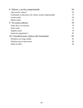 8. Valores y acción comprometida 56
¿Qué son los valores? 56
Caminando en dirección a los valores: acción comprometida 57
Cuarta sesión 58
Quinta sesión 63
9. Yo-como-contexto 70
Poder del yo en contexto 70
Sexta sesión 71
Septima sesión 78
Sesión de seguimiento 1 82
10. Consideraciones clínicas del tratamiento 85
Pacientes con riesgo suicida 85
Pacientes que no hacen tares 86
Duelo en niños 86
89
 