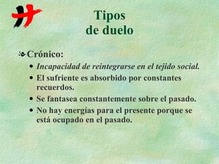 Tipos de duelo Crónico: Incapacidad de reintegrarse en el tejido social. El sufriente es absorbido por constantes recuerdos. Se fantasea constantemente sobre el pasado. No hay energías para el presente porque se está ocupado en el pasado. 