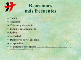 Reacciones más frecuentes Shock Negación Tristeza y depresión Culpa y autorreproche Rabia Ansiedad Desinterés por el entorno Aceptación Manifestaciones físicas  (taquicardia , palpitaciones, mareo, alteraciones en la tensión, problemas gástricos, etc.) 