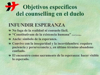 Objetivos específicos del counselling en el duelo INFUNDIR ESPERANZA No fuga de la realidad ni consuelo fácil. “ Constitutivum de la existencia humana”  (Laín Entralgo). Ancla: símbolo de la esperanza. Convive con la inseguridad y la incertidumbre; requiere paciencia y perseverancia y, en último término abandono confiado. El encuentro como sacramento de la esperanza: hacer visible lo esperado. 