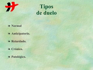Tipos de duelo Normal Anticipatorio. Retardado. Crónico. Patológico. 