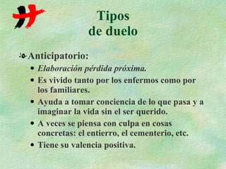 Tipos de duelo Anticipatorio: Elaboración pérdida próxima. Es vivido tanto por los enfermos como por los familiares. Ayuda a tomar conciencia de lo que pasa y a imaginar la vida sin el ser querido. A veces se piensa con culpa en cosas concretas: el entierro, el cementerio, etc. Tiene su valencia positiva. 