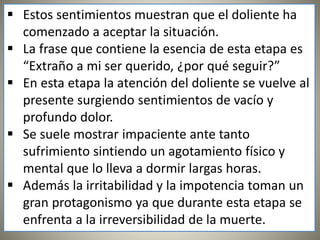  Estos sentimientos muestran que el doliente ha
comenzado a aceptar la situación.
 La frase que contiene la esencia de esta etapa es
“Extraño a mi ser querido, ¿por qué seguir?”
 En esta etapa la atención del doliente se vuelve al
presente surgiendo sentimientos de vacío y
profundo dolor.
 Se suele mostrar impaciente ante tanto
sufrimiento sintiendo un agotamiento físico y
mental que lo lleva a dormir largas horas.
 Además la irritabilidad y la impotencia toman un
gran protagonismo ya que durante esta etapa se
enfrenta a la irreversibilidad de la muerte.
 