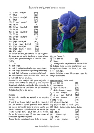 Duende amigurumi por Daxa Rabalea 
www.daxarabalea.blogspot.com 
18) (9 pb – 1 aum)x2 [22] 
19) 22 pb [22] 
20) (10 pb – 1 aum)x2 [24] 
21) 24 pb [24] 
22) (11 pb – 1 aum)x2 [26] 
23) 26 pb [26] 
24) (12 pb – 1 aum)x2 [28] 
25) 28 pb [28] 
26) (14 pb – 1 aum)x2 [30] 
27) 30 pb [30] 
28) (15 pb – 1 aum)x2 [32] 
29) 32 pb [32] 
30) (3 pb – 1 aum)x8 [40] 
31) (2 pb – 1 aum – 2 pb)x8 [48] 
32) (7 pb – 1 aum)x6 [54] 
33) (4 pb – 1 aum – 4 pb)x6 [60] 
34 a 42) 60 pb [60] 
Sin cortar la hebra, se continúa con las orejeras del gorro, pero a partir de ahora ya no se teje en espiral, sino girando el tejido al finalizar cada vuelta. 
1) 12 pb 
2) cad, 12 pb 
3) cad, 11 pb (salteando el primer punto base) 
4) cad, 10 pb (salteando el primer punto base) 
5) cad, 9 pb (salteando el primer punto base) 
Así sucesivamente hasta obtener sólo 1 punto en la vuelta 13. Cortar la hebra. 
Retomar la otra orejera del gorro dejando 18 puntos libres entre una orejera y otra. Repetir de este otro lado las vueltas 1 a 13 y sin cortar la hebra continuar con una vuelta de pb alrededor de todo el contorno del gorro. 
Pompón: 
Se teje de corrido, en espiral y no necesita relleno. 
Aro de 6 pb, 6 aum, 1 pb, 1 aum, 1 pb, 1 aum, 24 pb. Dar vuelta el tejido (poniendo hacia afuera los puntos del revés, como si dieras vuelta una media, y continúa tejiendo sobre los puntos que tocaba tejer) 1 dism, 1 pb, 1 dism , 1 pb, 4 dism. Cortar la hebra a unos 15 cm para coser el pompón en la punta del gorro. 
Colocar borlas en cada extremo de las orejeras. 
Orejas: (hacer 2) 
1) Aro de 5 pb [5] 
2) 5 aum [10] 
3) Se tejen sólo los primeros 8 puntos de los 10 de base: (pma, pa, pma) en el primero y en los siguientes: 1 aum, 1 pb, 1 aum, 1 pb, 1 aum, 1 pb, 1 aum, 1 pe. 
Cortar la hebra a unos 15 cm para coser las orejas a la cabeza. 
Cuerpo (camisa): Color verde 
1) Aro de 6 pb [6] 
2) 6 aumentos [12] 
3) (1 pb – 1 aum)x6 [18] 
4) (1 pb – 1 aum – 1 pb)x6 [24] 
5) (3 pb – 1 aum)x6 [30] 
6) (2 pb – 1 aum – 2 pb)x6 [36] 
7) (5 pb – 1 aum)x6 [42] 
8 a 15) 42 pb [42] 
16) (5 pb – 1 dism)x6 [36] 
17) (2 pb – 1 dism – 2 pb)x6 [30] 
18) 11 pb , 1 dism triple, 1 dism, 1 dism triple, 11 pb. [25] 
19) 25 pb [25] 
20) 1 dism – 23 pb [24] 
21) 24 pb [24] 
22) (4 pb – 1 dism)x4 [20]  