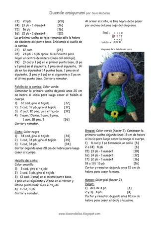 Duende amigurumi por Daxa Rabalea 
www.daxarabalea.blogspot.com 
23) 20 pb [20] 
24) (3 pb – 1 dism)x4 [16] 
25) 16 pb [16] 
26) (2 pb – 1 dism)x4 [12] 
La próxima vuelta se teje tomando sólo la hebra de adelante del punto base. Iniciamos el cuello de la camisa. 
27) 12 aum [24] 
28) 24 pb + 4 pb aprox, lo suficiente para llegar al centro delantero (línea del ombligo). 
29) (3 cad y 1 pa) en el primer punto base, (1 pa y 1 pma) en el siguiente, 1 pma en el siguiente, 14 pb en los siguientes 14 puntos base, 1 pma en el siguiente, (1 pma y 1 pa) en el siguiente y 2 pa en el último punto base. Cortar y rematar. 
Faldón de la camisa: Color verde 
Comenzar la primera vuelta dejando unos 20 cm de hebra al inicio para luego coser el faldón al cuerpo. 
1) 32 cad, giro el tejido [32] 
2) 1 cad, 32 pb, giro el tejido [32] 
3) 2 cad, 32 pma, giro el tejido [32] 
4) 1 aum, 10 pma, 1 aum, 8 pma, 
1 aum, 10 pma, 1 [36] 
Cortar y rematar. 
Cinto: Color negro 
1) 34 cad, giro el tejido [34] 
2) 1 cad, 34 pb, giro el tejido [34] 
3) 1 cad, 34 pb. [34] 
Cortar dejando unos 20 cm de hebra para luego coser al cuerpo. 
Hebilla del cinto: 
Color amarillo 
1) 3 cad, giro el tejido 
2) 1 cad, 3 pb, giro el tejido 
3) (2 cad, 1 pma) en el mismo punto base, 
1 pma en el siguiente y 2 pma en el tercer y último punto base. Giro el tejido. 
4) 1 cad, 3 pb. 
Cortar y rematar. 
Al armar el cinto, la tira negra debe pasar por encima del pma rojo del diagrama. 
diagrama de la hebilla del cinto 
Brazos: Color verde (hacer 2). Comenzar la primera vuelta dejando unos 15 cm de hebra al inicio para luego coser la manga al cuerpo. 
1) 8 cad y 1 pe formando un anillo [8] 
2 a 14) 8 pb [8] 
15) (3 pb – 1 aum)x2 [10] 
16) (4 pb – 1 aum)x2 [12] 
17) (2 pb – 1 aum)x4 [16] 
18 a 19) 16 pb [16] 
Cortar y rematar dejando unos 15 cm de hebra para coser la mano. 
Manos: Color piel (hacer 2) 
Pulgar: 
1) Aro de 4 pb [4] 
2 y 3) 4 pb [4] 
Cortar y rematar dejando unos 10 cm de hebra para coser el dedo a la palma.  
