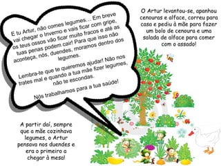 O Artur levantou-se, apanhou cenouras e alface, correu para casa e pediu à mãe para fazer um bolo de cenoura e uma salada de alface para comer com o assado! A partir daí, sempre que a mãe cozinhava legumes, o Artur pensava nos duendes e era o primeiro a chegar à mesa! E tu Artur, não comes legumes… Em breve vai chegar o Inverno e vais ficar com gripe, os teus ossos vão ficar muito fracos e até as tuas penas podem cair! Para que isso não aconteça, nós, duendes, moramos dentro dos legumes.  Lembra-te que te queremos ajudar! Não nos trates mal e quando a tua mãe fizer legumes, não te escondas.  Nós trabalhamos para a tua saúde! 