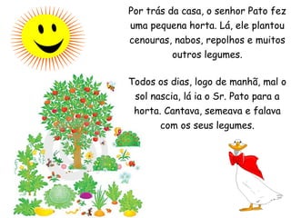 Por trás da casa, o senhor Pato fez uma pequena horta. Lá, ele plantou cenouras, nabos, repolhos e muitos outros legumes. Todos os dias, logo de manhã, mal o sol nascia, lá ia o Sr. Pato para a horta. Cantava, semeava e falava com os seus legumes. 