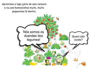 Aproximou a lupa junto de uma cenoura e viu uns homenzinhos muito, muito pequeninos lá dentro. Quem são vocês? Nós somos os duendes dos legumes! 