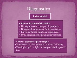 Clínico
 Prova de torniquete ,
 Determinação de Pressão arterial,
 Procura por sangramentos,
 Observação da hidratação e
 Pesquisa de derrames
 