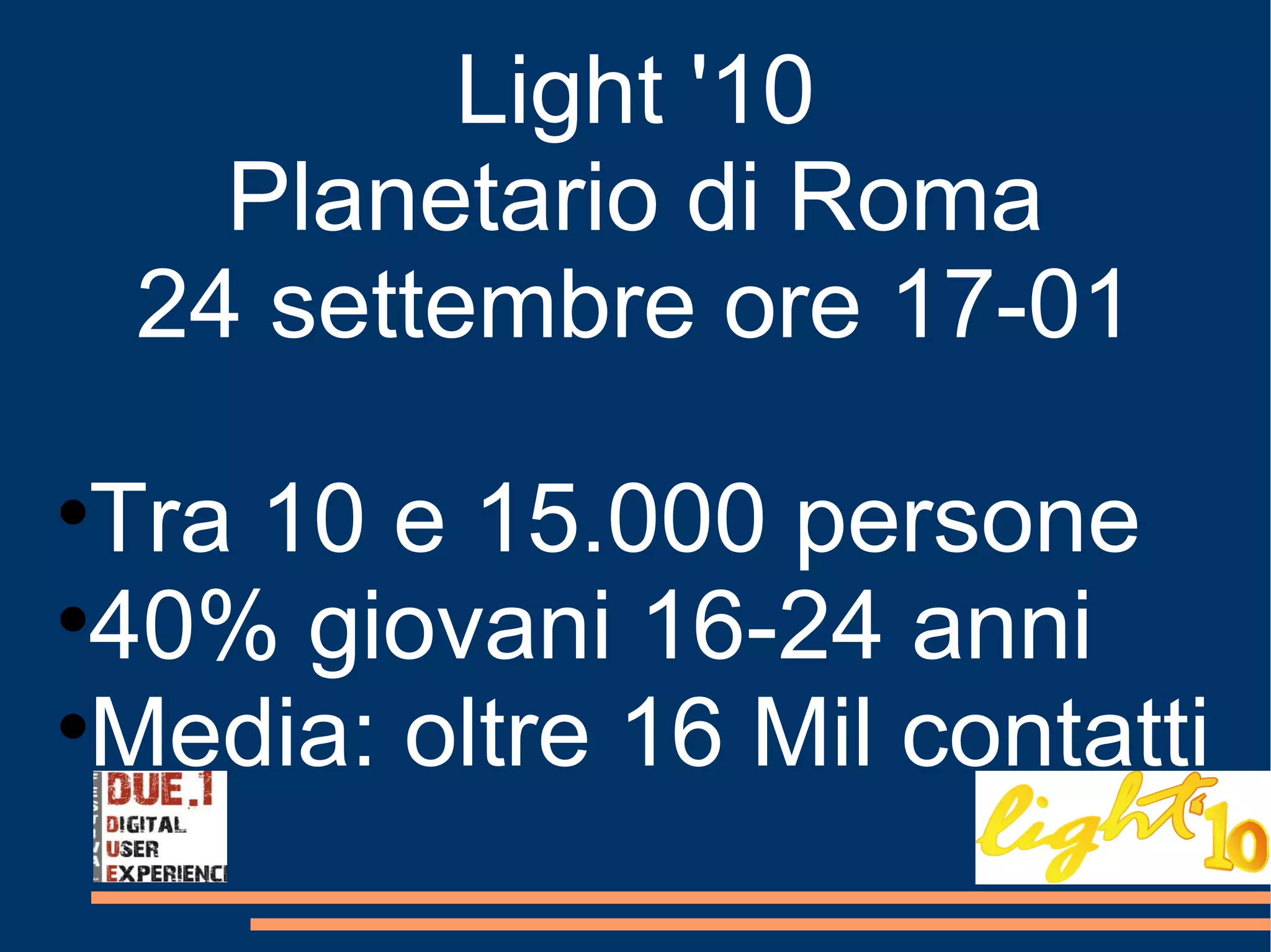 Light '10 Planetario di Roma 24 settembre ore 17-01 Tra 10 e 15.000 persone 40% giovani 16-24 anni Media: oltre 16 Mil contatti 