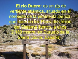  El río Duero: es un río de 
vertiente atlántica, situado en el 
noroeste de la península ibérica, 
que nace en los Picos de Urbión 
del Sistema Ibérico, a unos 
2.160 msnm, en Duruelo de la 
Sierra (Soria, España)  
 