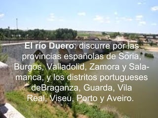 El río Duero: discurre por las 
provincias españolas de Soria, 
Burgos, Valladolid, Zamora y Sala-
manca, y los distritos portugueses 
deBraganza, Guarda, Vila 
Real, Viseu, Porto y Aveiro. 
 