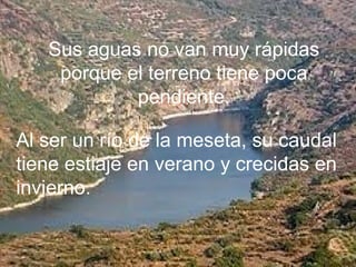 Sus aguas no van muy rápidas
porque el terreno tiene poca
pendiente.
Al ser un río de la meseta, su caudal
tiene estiaje en verano y crecidas en
invierno.
 