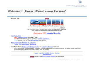 Web search: „Always different, always the same“

      AltaVista 1996




1 |                           http://web.archive.org/web/19961023234631/http://altavista.digital.com/
 