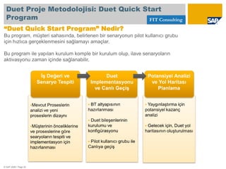  Altyapı olarak Microsoft .NET ve SAP Netweaver kullanılmaktadır.Duet, Kopuk Adaları Bir Araya Getirir© SAP 2008 / Page 6Duet, iş verimliliğini ve kurumsal süreçleri bir araya getirerek, müşterilere eşsiz bir değer katacak çözümü ortaya çıkarır.SAP uygulamaları Microsoft Office üzerinden kullanılır.