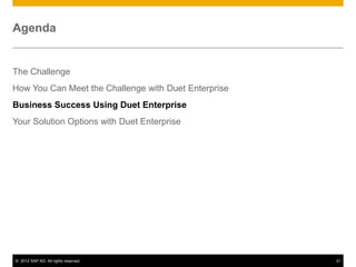 © 2012 SAP AG. All rights reserved. 21
Agenda
The Challenge
How You Can Meet the Challenge with Duet Enterprise
Business Success Using Duet Enterprise
Your Solution Options with Duet Enterprise
 