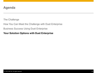 © 2012 SAP AG. All rights reserved. 30
Agenda
The Challenge
How You Can Meet the Challenge with Duet Enterprise
Business Success Using Duet Enterprise
Your Solution Options with Duet Enterprise
 